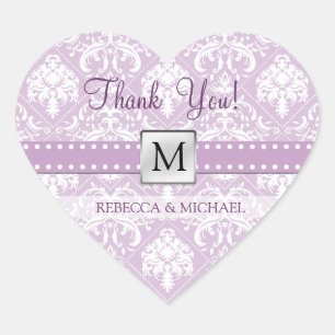 Elegant Thistle Lila & White Damask Tack! Hjärtformat Klistermärke