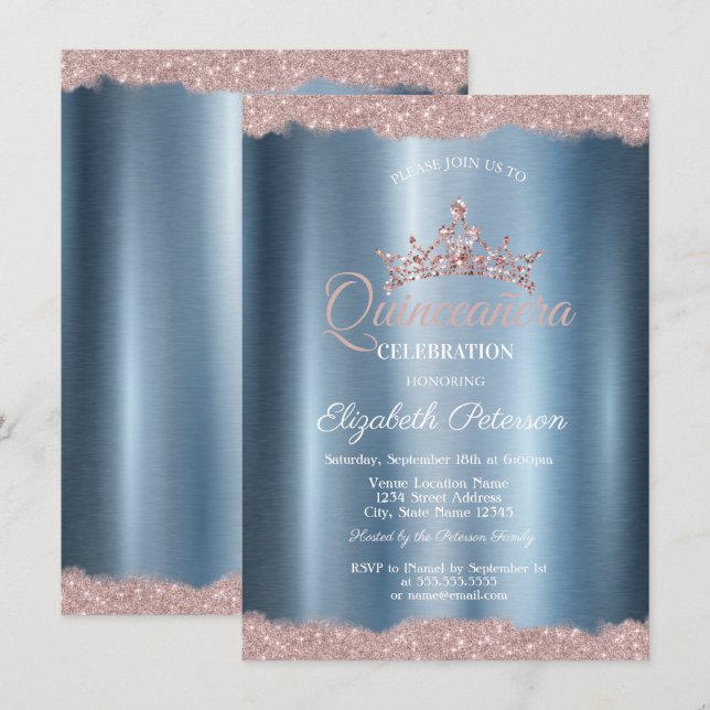 Elegant Tiara Blå Metallisk Quinceañera  Inbjudningar (Fram/baksida)