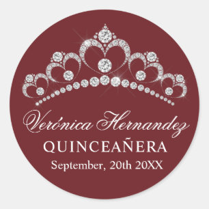 Elegant Tiara Burgundy Spansk Quinceañera Quince Runt Klistermärke
