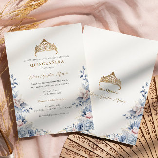 Elegant Tiara Guld Blue ro Quinceañera Inbjudningar
