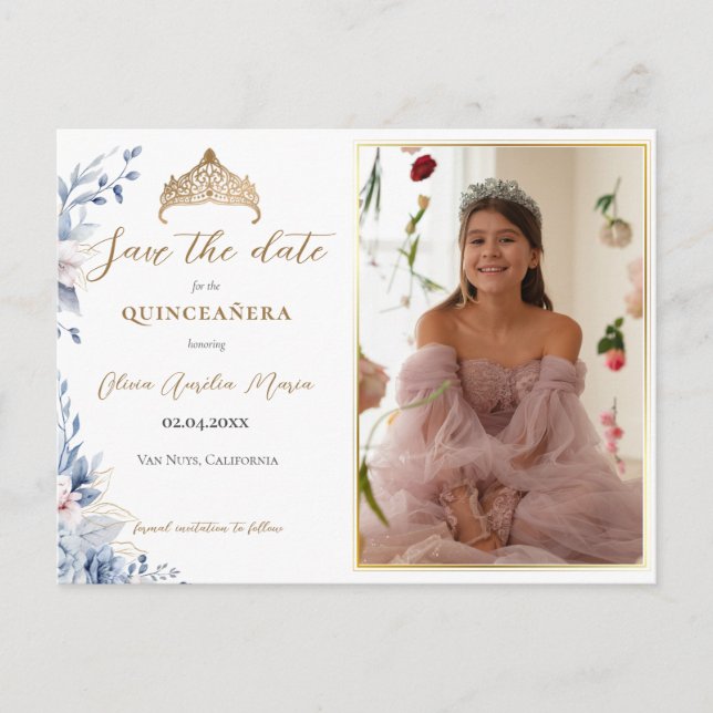 Elegant Tiara Quinceañera Photo Spara datumet Meddelande Vykort (Framsida)