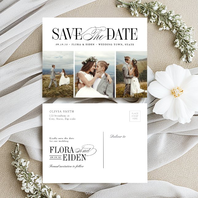 Elegant Tidlös Typografi 3 foto Spara Datum Vykort (Elegant Timeless Typography 3 photo Save The Date Postcard)
