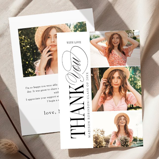 Elegant Tidlös Typografi 4 Foto Examen Tack Kort (Elegant Timeless Typography 4 Photo Graduation Thank You Card)