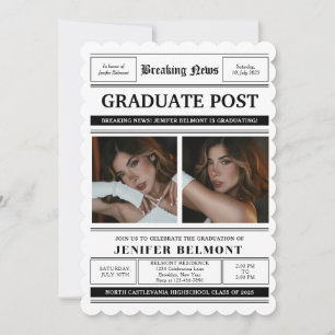 Elegant tidningsinspirerat 2-foto-examensfirande inbjudningar