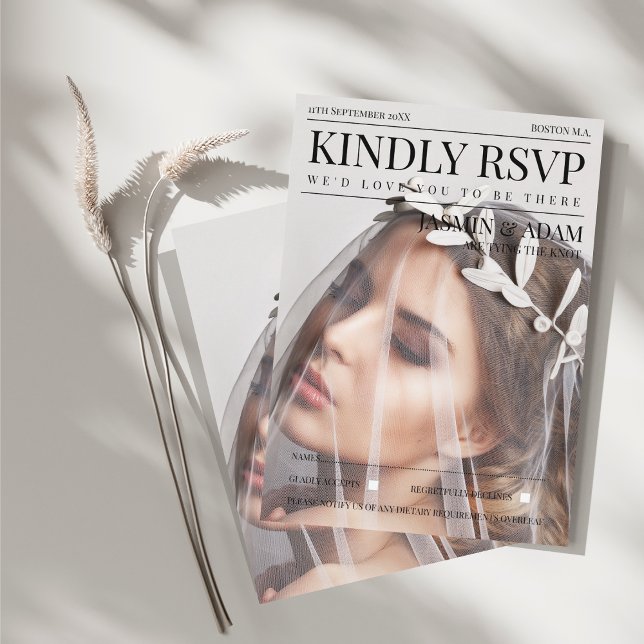 Elegant tidskriftsliknande bröllops-RSVP Tilläggskort (Unique Magazine Style Editorial Photo Wedding RSVP Enclosure Card)