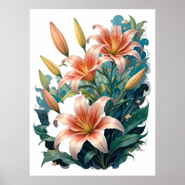 Elegant Tiger Lilies Floral Arrangement Illustrati Poster (Framsidan)