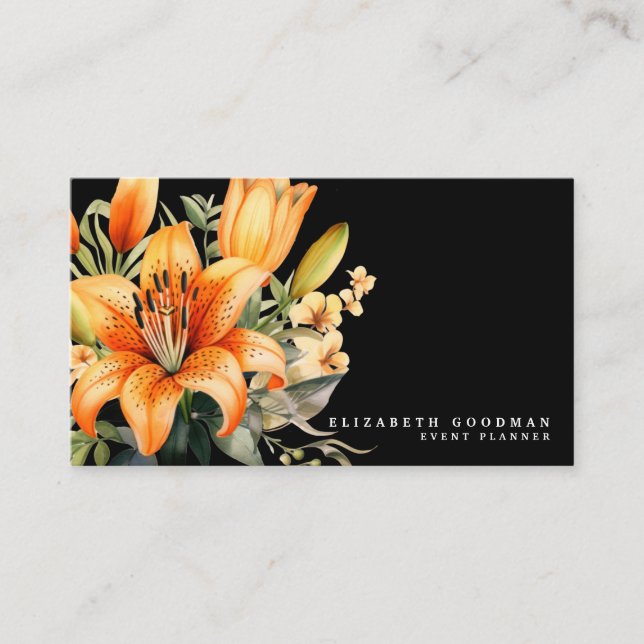 Elegant Tiger Lily Tropical Black Affärskort Visitkort (Framsida)