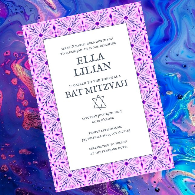 Elegant Tile Mönster Anpassningsbar B'nai Fladderm Inbjudningar (Elegant Tile Pattern Custom B'nai Bat Bar Mitzvah Invitation
Purple)