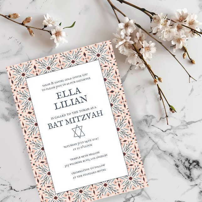 Elegant Tile Mönster Anpassningsbar B'nai Fladderm Inbjudningar (Elegant Tile Pattern Custom B'nai Bat Bar Mitzvah Invitation
Pink BLue)