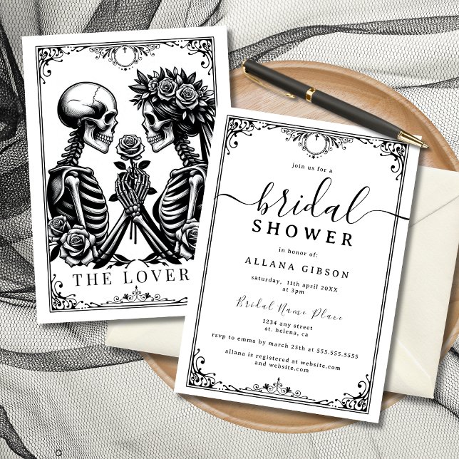 Elegant till döden Gör oss del Tarot Möhippa Inbjudningar (Elegant black-and-white gothic bridal shower invitation with floral accents.)