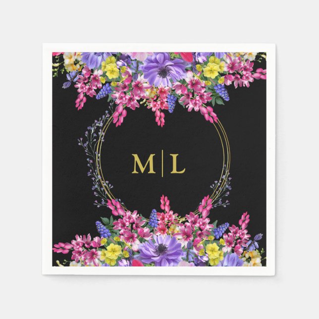 Elegant Tillfällen Monogram Black Multi Blommigt Pappersservett (Framsidan)