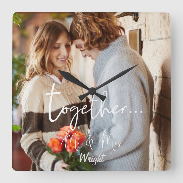 Elegant Tillsammans Mr & Mrs Photo Personlig Fyrkantig Klocka (Framsida)