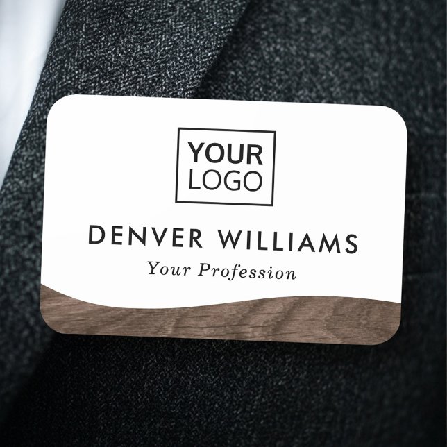 Elegant tillsätt logotyp brunskogshög, vit gräns namnbricka (Elegant add logo brown woodgrain wave border white name tag)