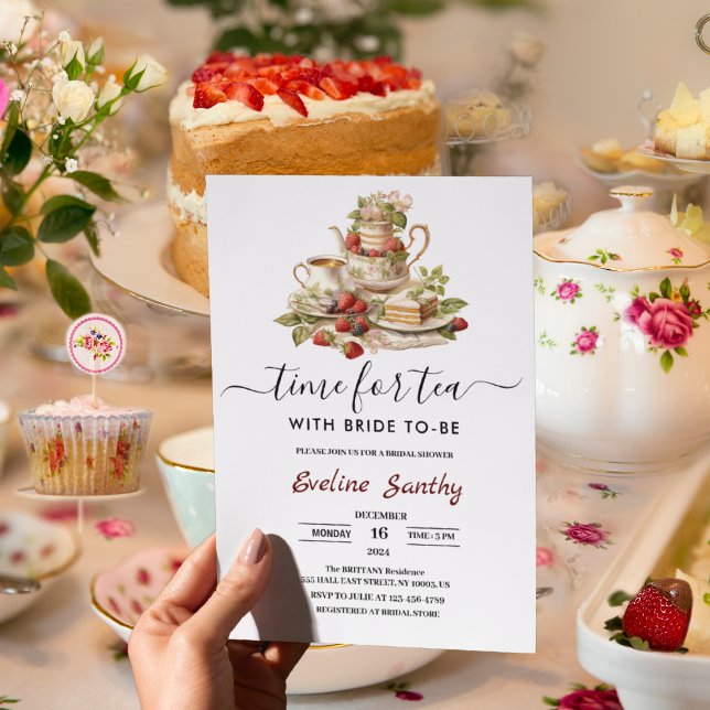 Elegant time for Tea Party Bridal Shower Inbjudningar (Elegant time for Tea Party Bridal Shower Invitation wedding spring garden party holiday season )