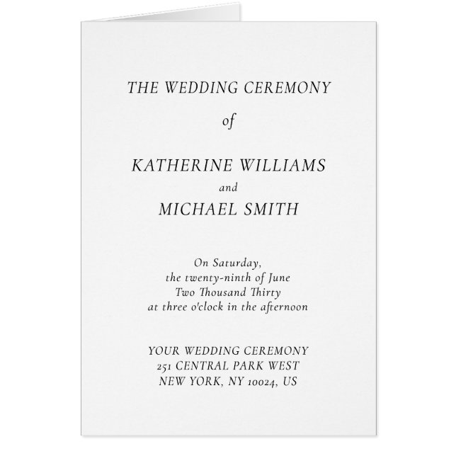 Elegant Timeless White Wedding Program Note Cards OBS Kort (Framsidan)