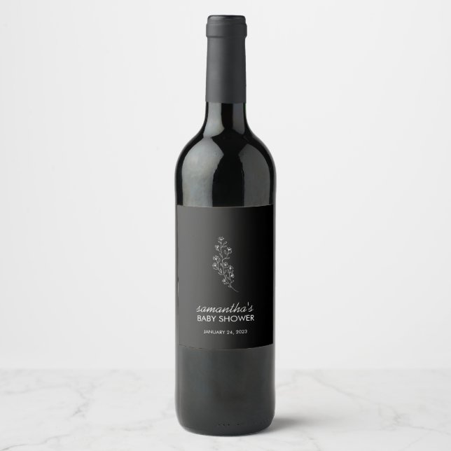 Elegant Tiny Handdrawn Sketch Flower Vinflaska Etikett (Framsida)