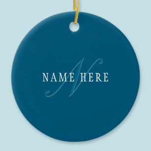 Elegant Tittar Monogram Havsblått Julgransprydnad Keramik