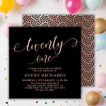 Elegant Tjugoen Ro Guld 21:a födelsedag Inbjudningar<br><div class="desc">Elegant Chic Black och Ro Guld tjugoen skriptinbjudan på 21:a födelsedagen. I den moderna kvinnomallen födelsedagsfest inbjudan finns snyggt "tjugoen" i stor faux-guld-folie med snabb handskriven kalligrafi (eller typografi) med svan-typsnitt, party-detaljer i ro ro guld med svart bakgrund. Vid den omvända sidan av faux-folie-abstrakten i ro vågar man snabbt runt...</div>