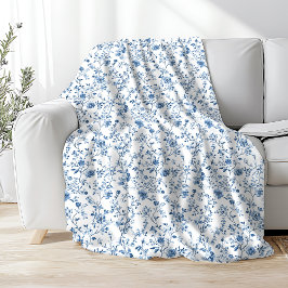 Elegant Toile Blommönster Blått och Vitt Fleecefilt