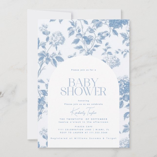 Elegant Toile De Jouy Blue Hydrangea Baby Shower Inbjudningar (Framsida)
