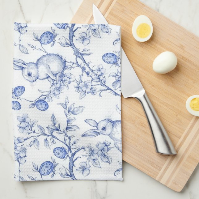 Elegant Toile De Jouy Blue Påskhare Kökshandduk (Vikt i Fjärdedel)