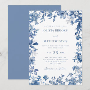 Elegant Toile De Jouy Vintage Blommigt Blue Bröllo Inbjudningar