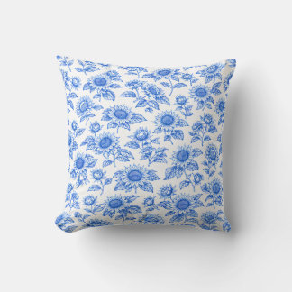 Elegant Toile du Jouy Solros – Blå Botanisk Kudde