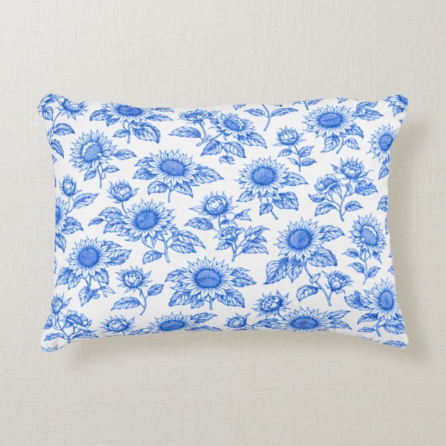 Elegant Toile du Jouy Solros – Blå Botanisk  Prydnadskudde (Framsidan)