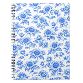 Elegant Toile du Jouy Solrosor – Blå Botanisk Anteckningsbok