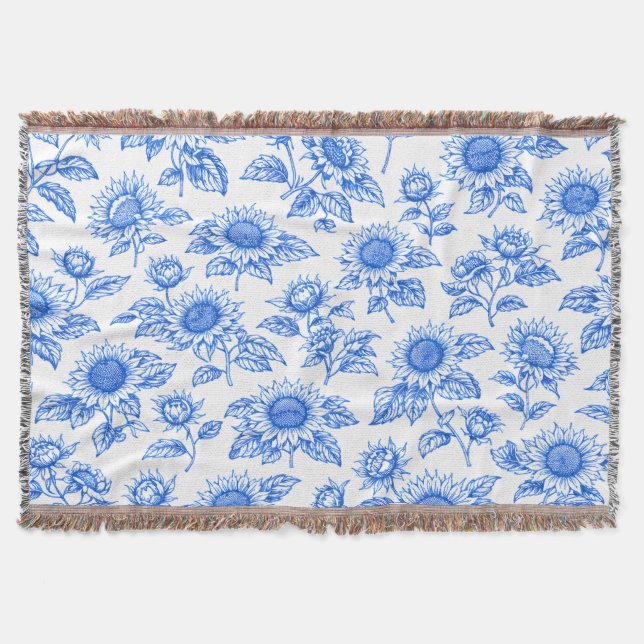 Elegant Toile du Jouy Sunflowers – Blue Botanical  Filt (Framsidan)