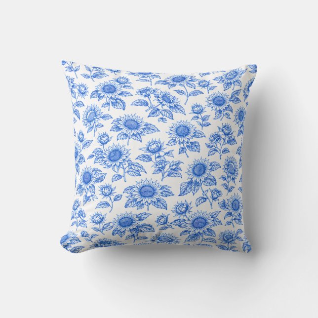 Elegant Toile du Jouy Sunflowers – Blue Botanical  Kudde (Framsida)