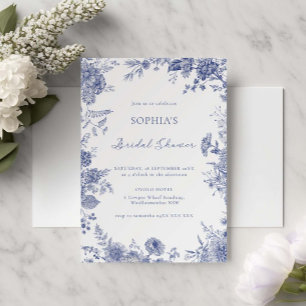 Elegant Toile Fransk Blå Blommig Bröllopsfest Inbjudningar