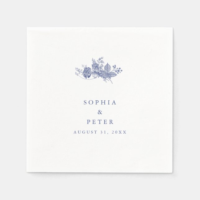 Elegant Toile Fransk Blue Blommigt Bröllop Pappersservett (Framsidan)