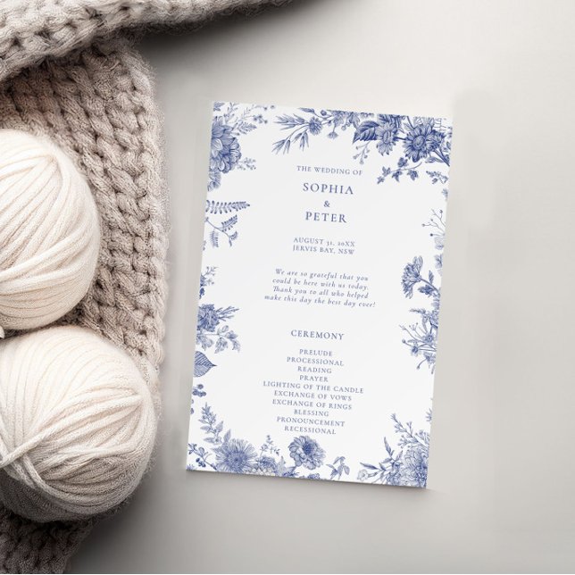 Elegant Toile Fransk Blue Blommigt Ceremony Progra (Skapare uppladdad)