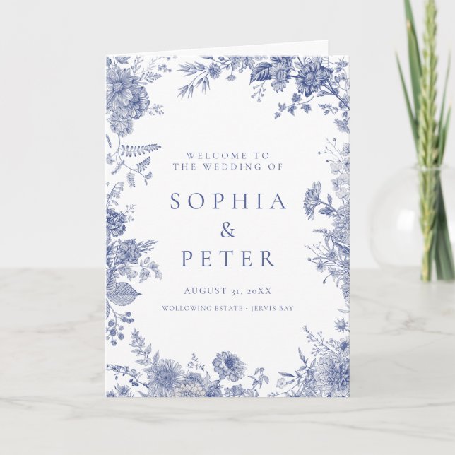 Elegant Toile Fransk Blue Blommigt Ceremony Progra Tack Kort (Framsida)