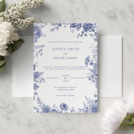 Elegant Toile Fransk Blue Garden Blommigt Inbjudningar