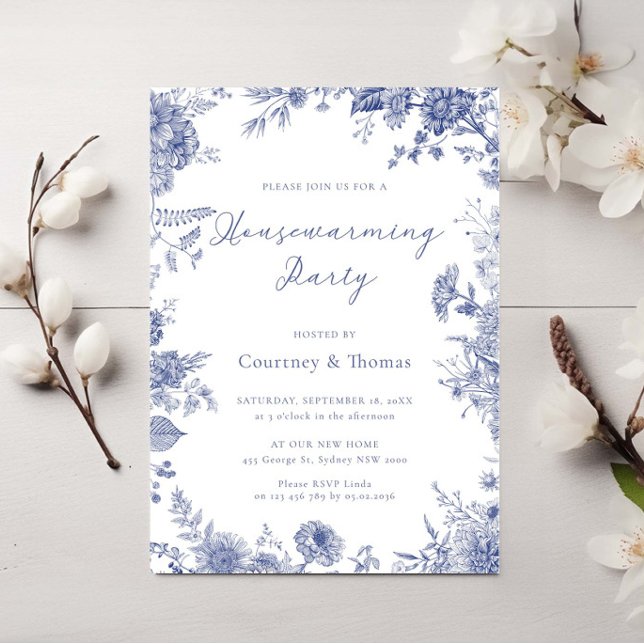 Elegant Toile Fransk Blue toile homeuppvärmning pa Inbjudningar (Skapare uppladdad)