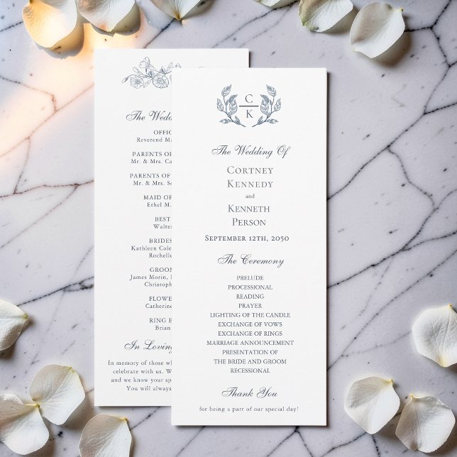 Elegant Toile Monogram Blå Crest Bröllopsprogram  (Skapare uppladdad)