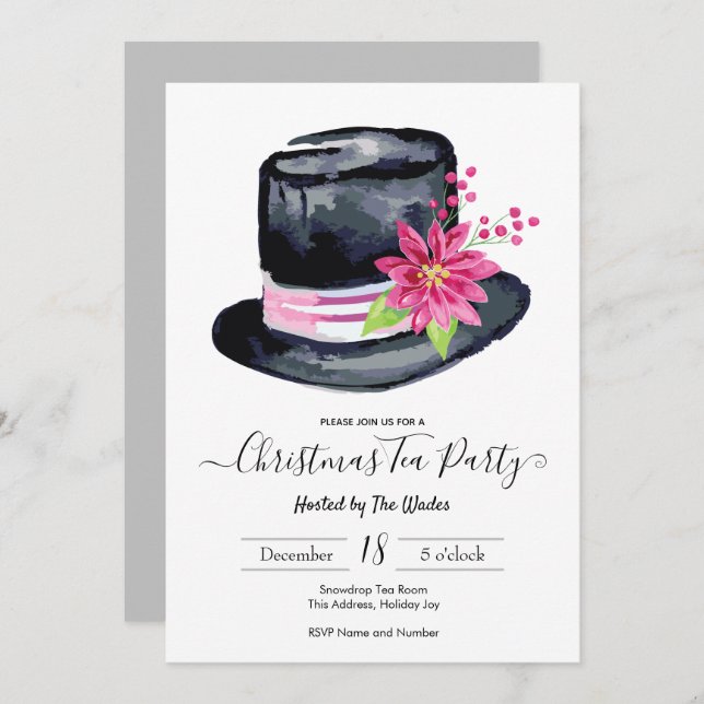 Elegant Top hat och Poinsettia jul Tea Party Inbjudningar (Fram/baksida)