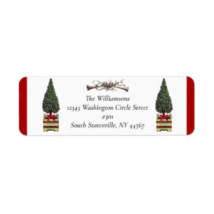 Elegant Topiary Julgran Hunt Horn Red Bow Returadress Etikett