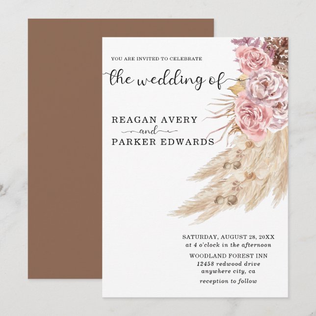 Elegant Torkad pampas Grass Blommigt Bröllop Inbjudningar (Fram/baksida)