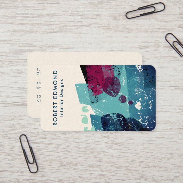 Elegant Torquise Blue och Burgundy Abstrakt QR Visitkort (Fram/Back In Situ)