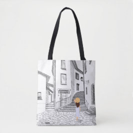 Elegant Tote Bag med Hand-Drawn Old City Tygkasse