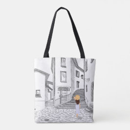 Elegant Tote Bag med Hand-Drawn Old City Tygkasse
