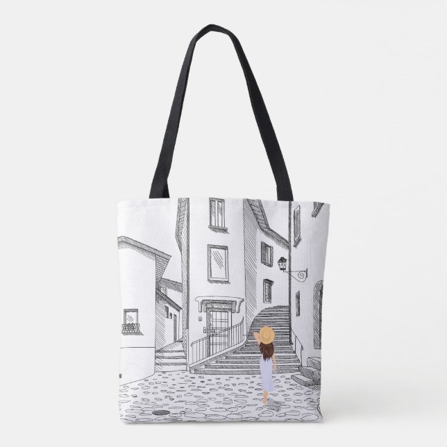 Elegant Tote Bag med Hand-Drawn Old City Tygkasse (Baksida)