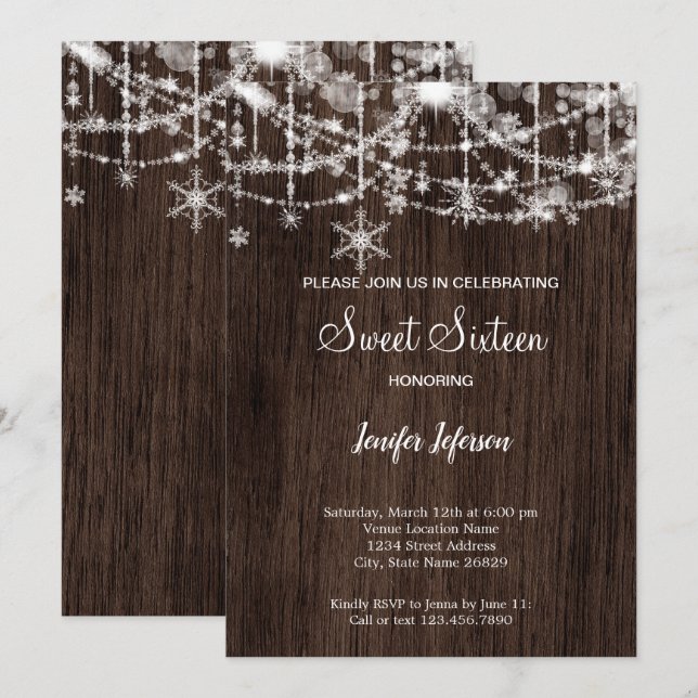 Elegant trä vinter Sweet 16-inbjudan Inbjudningar (Fram/baksida)