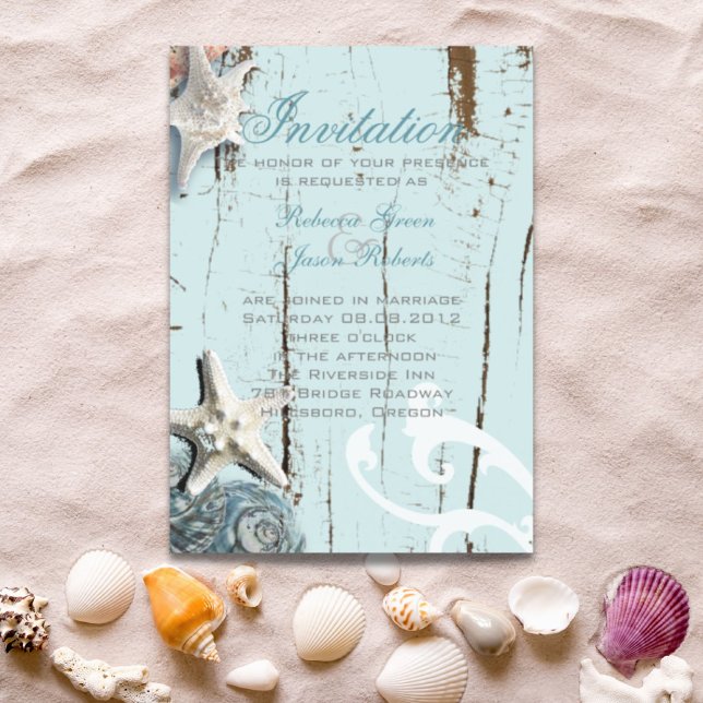 Elegant träd BLåa Snigelskal Bröllop på stranden Magnetisk Inbjudningskort (Elegant wood BLue Seashells Beach Wedding Magnetic Invitation)