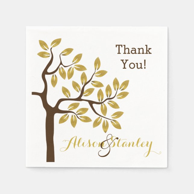 Elegant träd med guld foil löv, det moderna bröllo pappersservett (Framsidan)