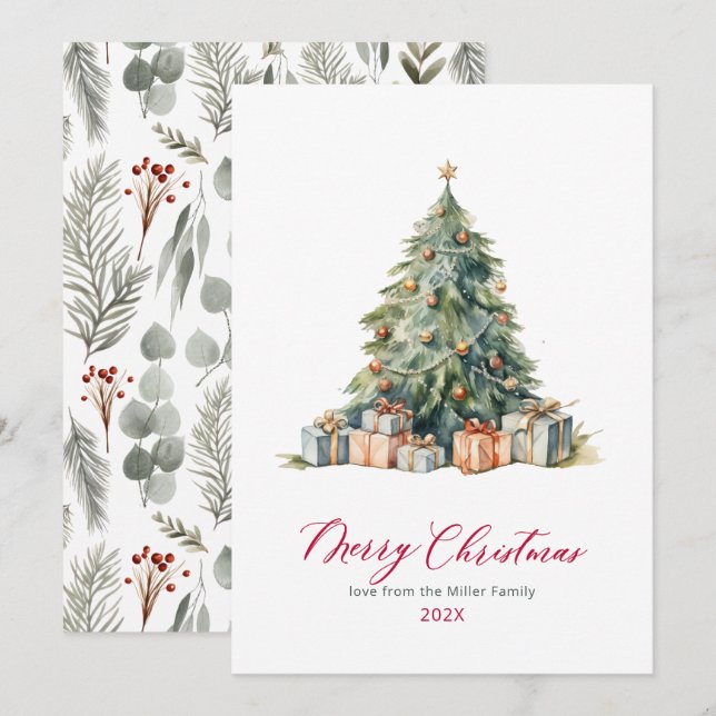 Elegant Träd Red Script - ej fotojulkort Julkort (Fram/baksida)