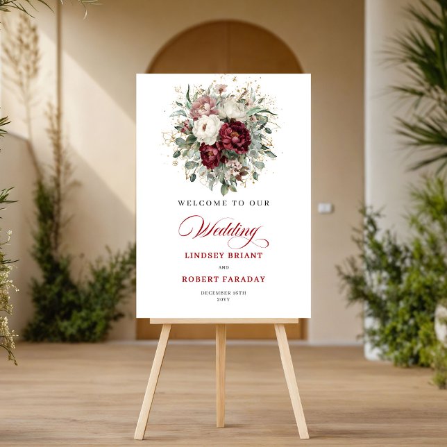 Elegant Trädgård Burgunder Blommor Guld Välkomstsk Poster (Elegant Garden Burgundy Flowers Gold Welcome Sign)